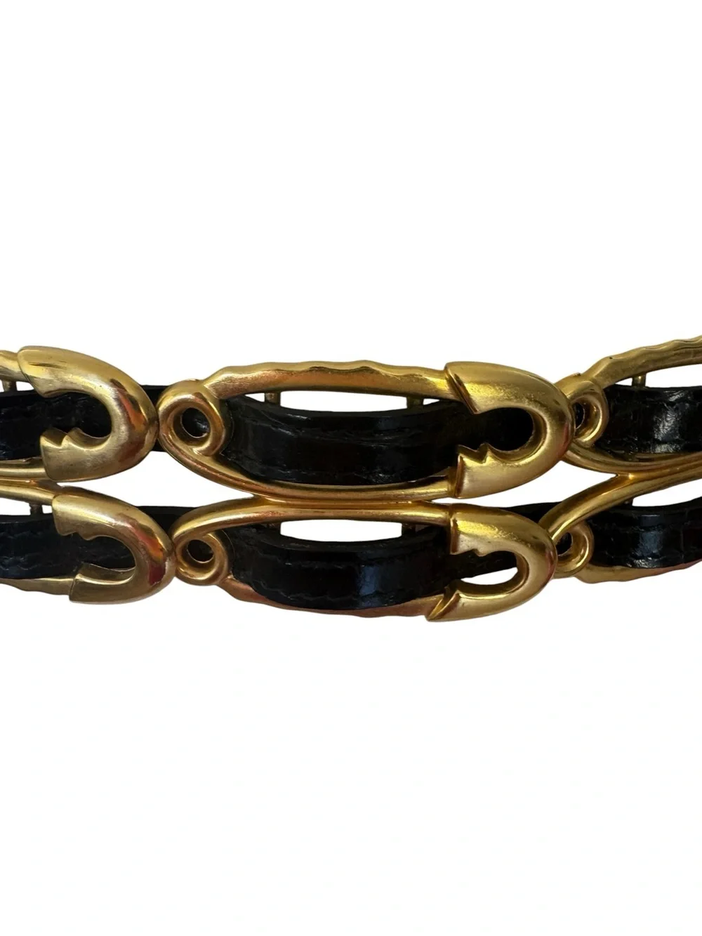 Vintage 90s Avignon Black Croc Embossed Leather Belt with Gold Safety Pin Design